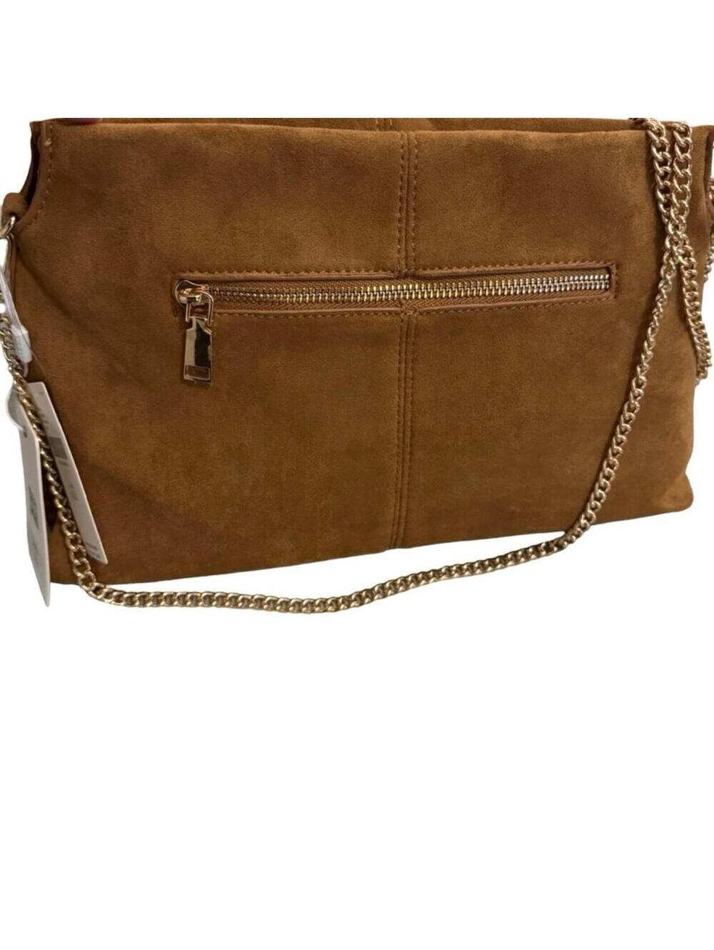 MODALUXE FAUX SUEDE CLUTCH Tan Brown Purse Anthropologie Crossbody gold chain - Picture 3 of 8
